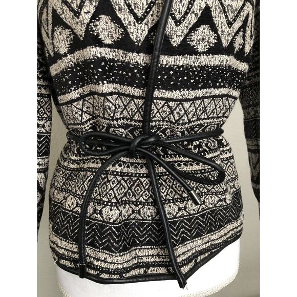 H&M Womens Size 2 Open Cardigan Faux Leather Tie Trim Aztec Black Tweed #4192 - Picture 3 of 10